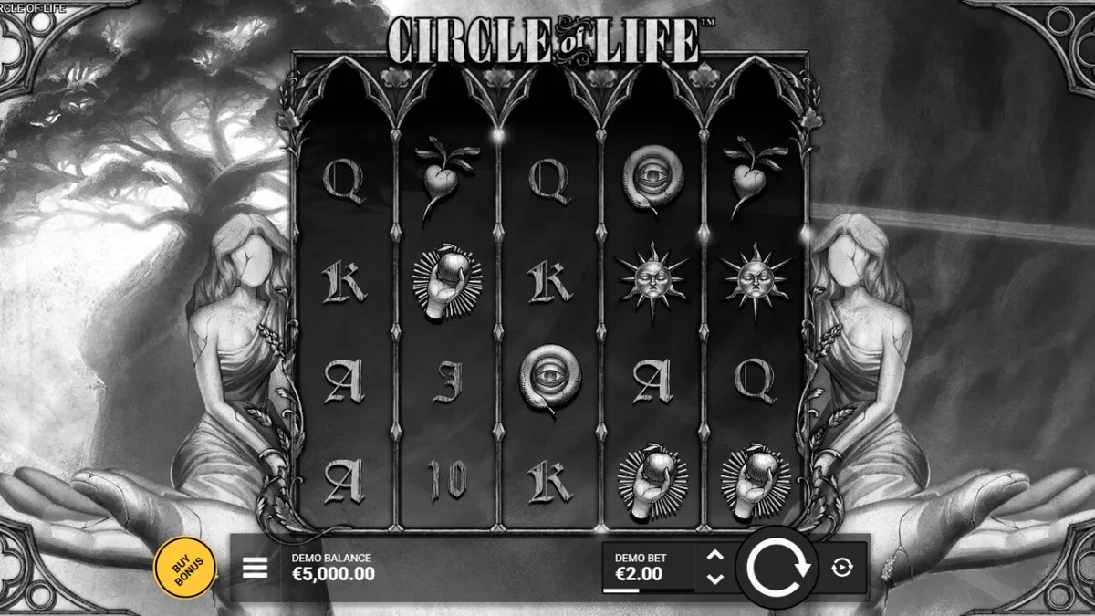 Interface do jogo Circle of Life com a Árvore da Vida centralizada em um cenário monocromático.