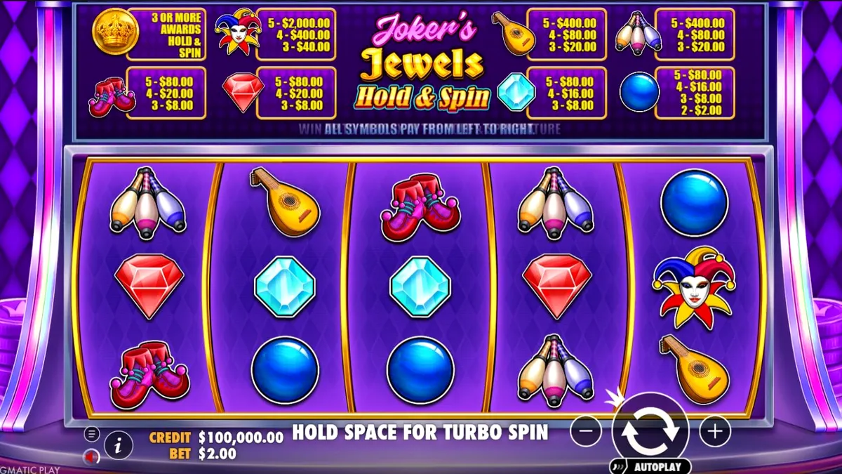 Interface colorida e retrô do slot Joker’s Jewels Hold & Spin